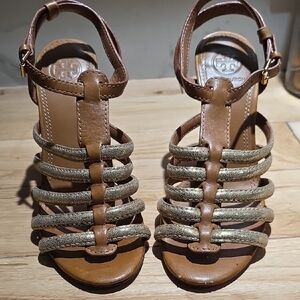 Tory Burch Tan and Gold Strappy Sandals